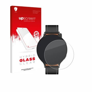 Parte frontal de un envase de producto con el logotipo de la marca upscreen. Al lado se muestra el dispositivo Pireware Nano S