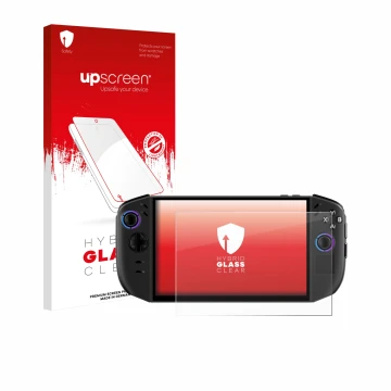 Parte frontal de un envase de producto con el logotipo de la marca upscreen. Al lado se muestra el dispositivo Lenovo Legion G