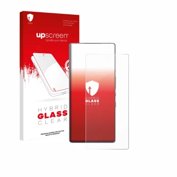 Parte frontal de un envase de producto con el logotipo de la marca upscreen. Al lado se muestra el dispositivo ZTE Nubia Red M