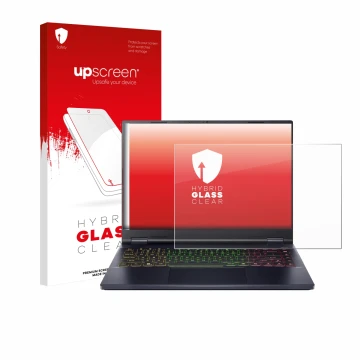 Parte frontal de un envase de producto con el logotipo de la marca upscreen. Al lado se muestra el dispositivo Acer Predator H