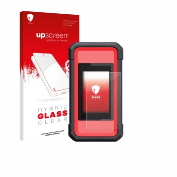 Parte frontal de un envase de producto con el logotipo de la marca upscreen. Al lado se muestra el dispositivo Launch X431 Sma