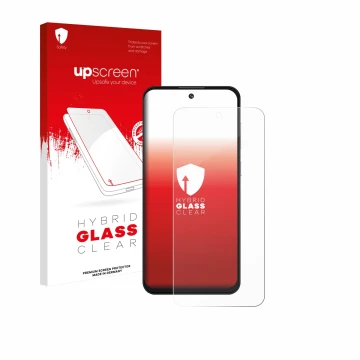 Parte frontal de un envase de producto con el logotipo de la marca upscreen. Al lado se muestra el dispositivo Oukitel C69 con