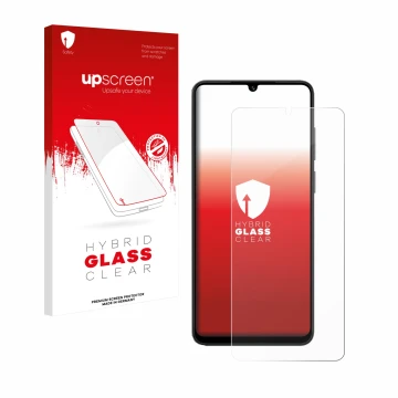 Parte frontal de un envase de producto con el logotipo de la marca upscreen. Al lado se muestra el dispositivo Honor X5c con s