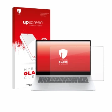 Parte frontal de un envase de producto con el logotipo de la marca upscreen. Al lado se muestra el dispositivo HP OmniBook 7 1