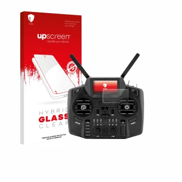 Parte frontal de un envase de producto con el logotipo de la marca upscreen. Al lado se muestra el dispositivo Radiomaster GX1