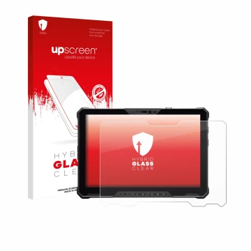 Parte frontal de un envase de producto con el logotipo de la marca upscreen. Al lado se muestra el dispositivo Dell Pro Rugged