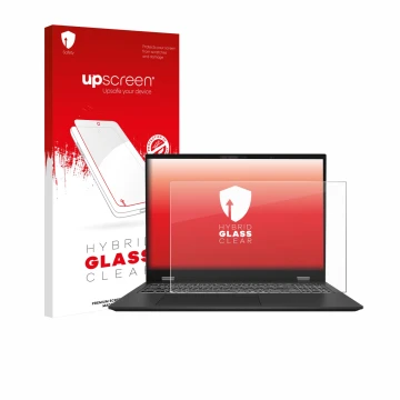 Parte frontal de un envase de producto con el logotipo de la marca upscreen. Al lado se muestra el dispositivo MSI Prestige 16
