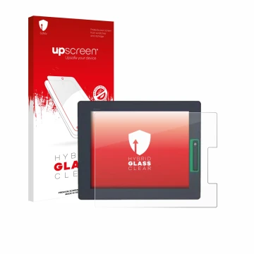 Parte frontal de un envase de producto con el logotipo de la marca upscreen. Al lado se muestra el dispositivo Schneider-elect