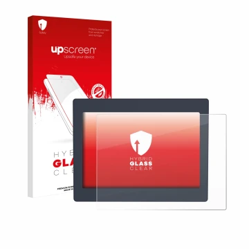 Parte frontal de un envase de producto con el logotipo de la marca upscreen. Al lado se muestra el dispositivo Schneider-elect