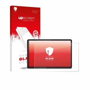 Parte frontal de un envase de producto con el logotipo de la marca upscreen. Al lado se muestra el dispositivo Lenovo Idea Tab