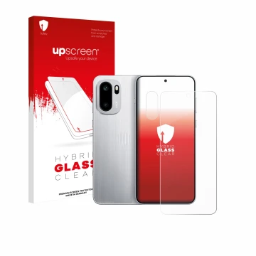 Parte frontal de un envase de producto con el logotipo de la marca upscreen. Al lado se muestra el dispositivo OnePlus 15R (Fr