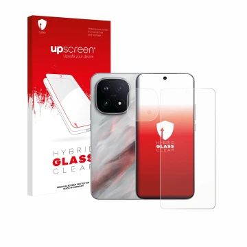 Parte frontal de un envase de producto con el logotipo de la marca upscreen. Al lado se muestra el dispositivo Vivo iQOO 15 (F