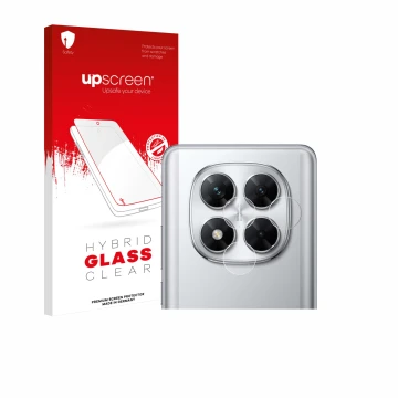 Parte frontal de un envase de producto con el logotipo de la marca upscreen. Al lado se muestra el dispositivo Xiaomi Poco X7 