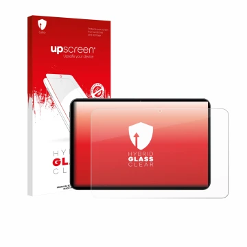 Parte frontal de un envase de producto con el logotipo de la marca upscreen. Al lado se muestra el dispositivo Tabwee T60 PRO 