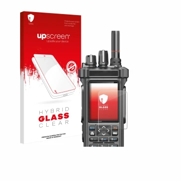 Parte frontal de un envase de producto con el logotipo de la marca upscreen. Al lado se muestra el dispositivo Radtel RT-950 P