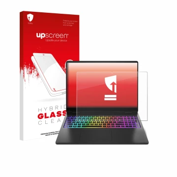 Parte frontal de un envase de producto con el logotipo de la marca upscreen. Al lado se muestra el dispositivo HP Omen Max 16 