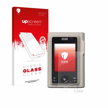 Parte frontal de un envase de producto con el logotipo de la marca upscreen. Al lado se muestra el dispositivo Fujifilm Instax