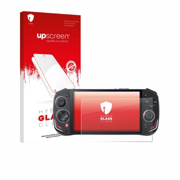 Parte frontal de un envase de producto con el logotipo de la marca upscreen. Al lado se muestra el dispositivo Acer Nitro Blaz