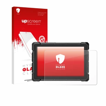 Parte frontal de un envase de producto con el logotipo de la marca upscreen. Al lado se muestra el dispositivo Higole F7G Rugg