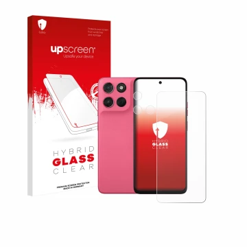 Parte frontal de un envase de producto con el logotipo de la marca upscreen. Al lado se muestra el dispositivo Motorola Moto G