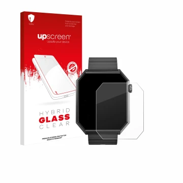 Parte frontal de un envase de producto con el logotipo de la marca upscreen. Al lado se muestra el dispositivo Rollme Edge con