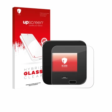 Parte frontal de un envase de producto con el logotipo de la marca upscreen. Al lado se muestra el dispositivo Netgear Nightha