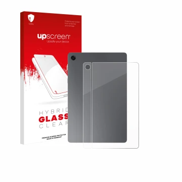 Parte frontal de un envase de producto con el logotipo de la marca upscreen. Al lado se muestra el dispositivo Samsung Galaxy 