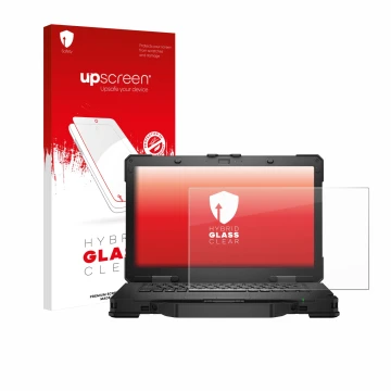 Parte frontal de un envase de producto con el logotipo de la marca upscreen. Al lado se muestra el dispositivo Dell Pro Rugged