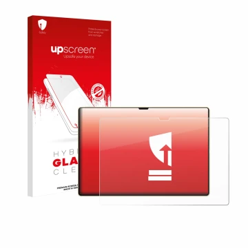 Parte frontal de un envase de producto con el logotipo de la marca upscreen. Al lado se muestra el dispositivo Huawei MatePad 