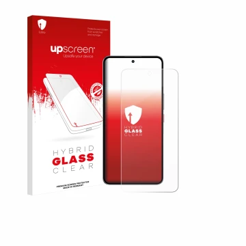 Parte frontal de un envase de producto con el logotipo de la marca upscreen. Al lado se muestra el dispositivo Nubia Neo 3 GT 