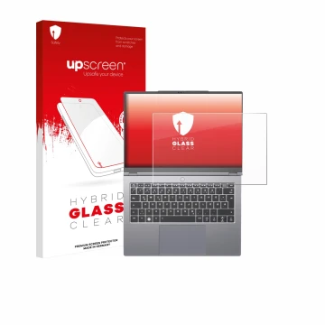 Parte frontal de un envase de producto con el logotipo de la marca upscreen. Al lado se muestra el dispositivo Tuxedo Infinity