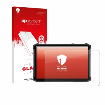 Parte frontal de un envase de producto con el logotipo de la marca upscreen. Al lado se muestra el dispositivo Ulefone Armor P