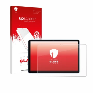 Parte frontal de un envase de producto con el logotipo de la marca upscreen. Al lado se muestra el dispositivo Itel VistaTab 3