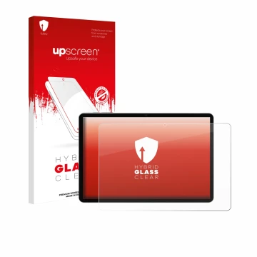 Parte frontal de un envase de producto con el logotipo de la marca upscreen. Al lado se muestra el dispositivo Pritom M10 TAB 