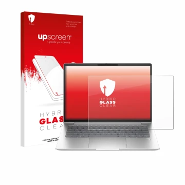 Parte frontal de un envase de producto con el logotipo de la marca upscreen. Al lado se muestra el dispositivo HP ProBook 4 G1