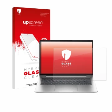 Parte frontal de un envase de producto con el logotipo de la marca upscreen. Al lado se muestra el dispositivo HP ProBook 4 G1