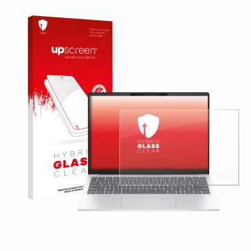 Parte frontal de un envase de producto con el logotipo de la marca upscreen. Al lado se muestra el dispositivo HP OmniBook 7 A