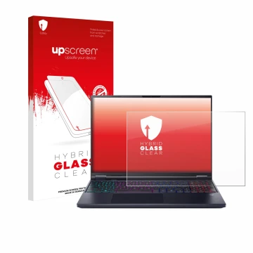 Parte frontal de un envase de producto con el logotipo de la marca upscreen. Al lado se muestra el dispositivo Acer Predator H