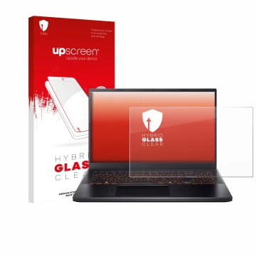 Parte frontal de un envase de producto con el logotipo de la marca upscreen. Al lado se muestra el dispositivo Acer Nitro V 15