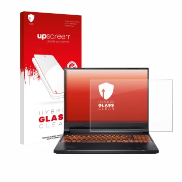 Parte frontal de un envase de producto con el logotipo de la marca upscreen. Al lado se muestra el dispositivo Acer Nitro V 16