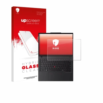 Parte frontal de un envase de producto con el logotipo de la marca upscreen. Al lado se muestra el dispositivo Lenovo ThinkPad