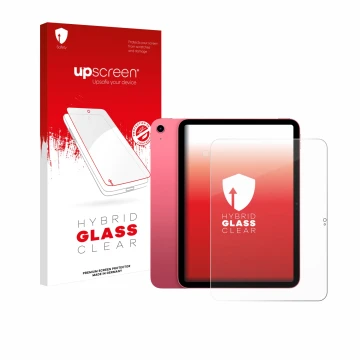 Parte frontal de un envase de producto con el logotipo de la marca upscreen. Al lado se muestra el dispositivo Apple iPad A16 