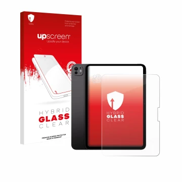 Parte frontal de un envase de producto con el logotipo de la marca upscreen. Al lado se muestra el dispositivo Apple iPad Pro 