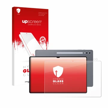 Parte frontal de un envase de producto con el logotipo de la marca upscreen. Al lado se muestra el dispositivo Samsung Galaxy 