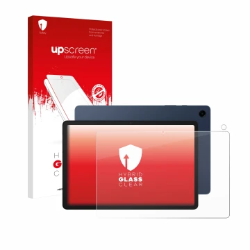 Parte frontal de un envase de producto con el logotipo de la marca upscreen. Al lado se muestra el dispositivo Samsung Galaxy 