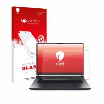 Parte frontal de un envase de producto con el logotipo de la marca upscreen. Al lado se muestra el dispositivo ASUS ROG Strix 