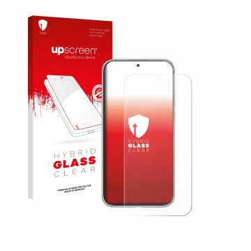 Parte frontal de un envase de producto con el logotipo de la marca upscreen. Al lado se muestra el dispositivo Huawei Mate 70 