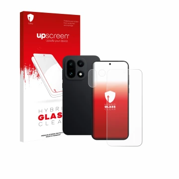 Parte frontal de un envase de producto con el logotipo de la marca upscreen. Al lado se muestra el dispositivo OnePlus 15 (Fro