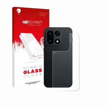 Parte frontal de un envase de producto con el logotipo de la marca upscreen. Al lado se muestra el dispositivo OnePlus 15 (Tra