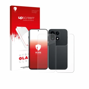 Parte frontal de un envase de producto con el logotipo de la marca upscreen. Al lado se muestra el dispositivo OnePlus 15 (Fro